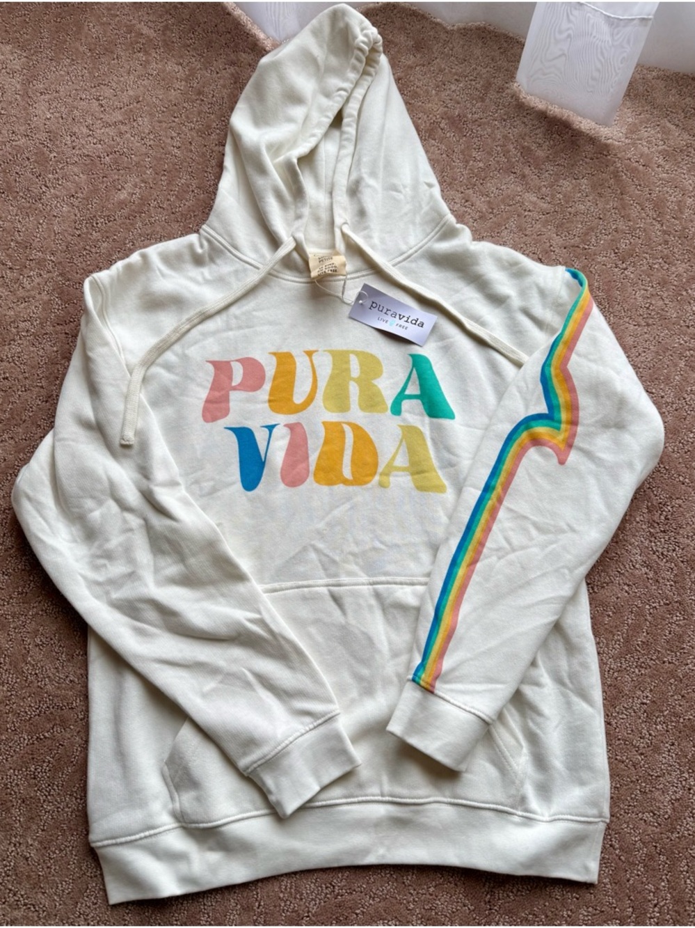 NWT Pura Vida Multicolor Beachy Cream Pastel Rainbow Sleeve Hoodie